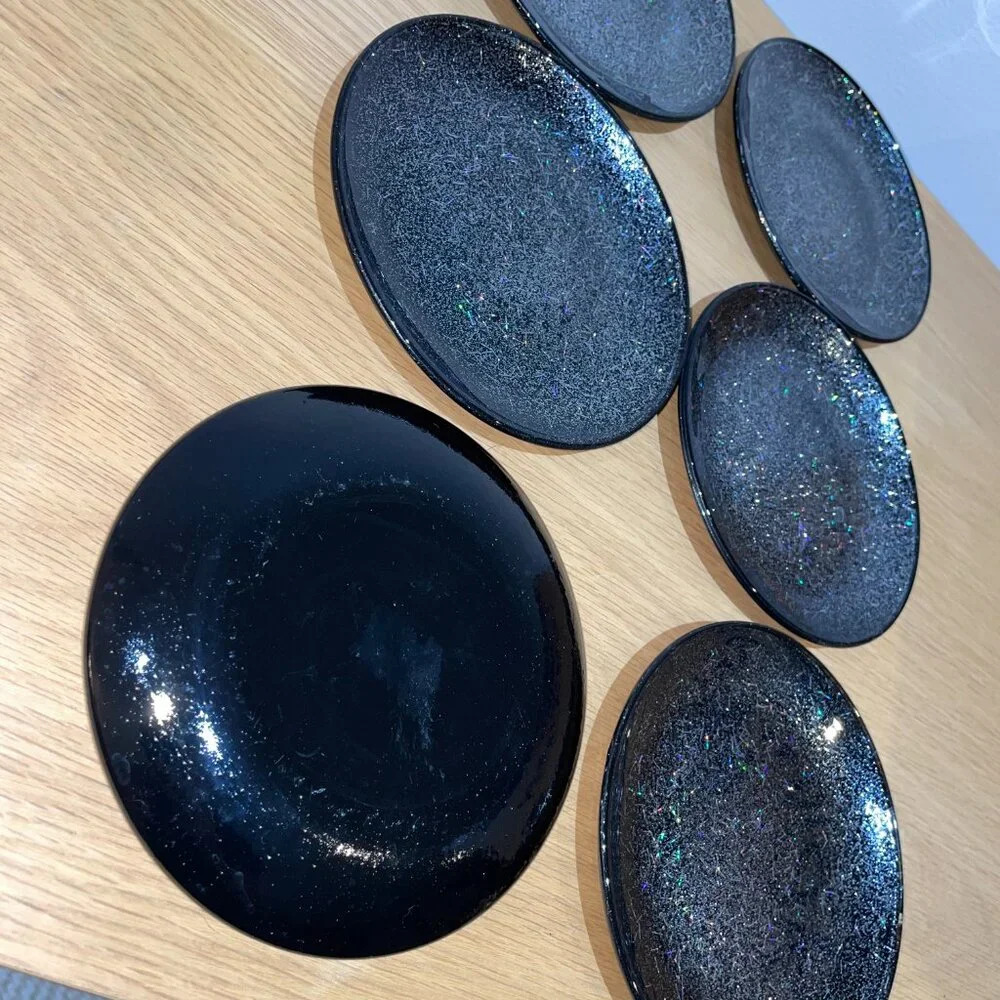 Crate&Barrel Glitter Appetizer Black 6 inch Dessert Plates, Set of 6, BRAND NEW